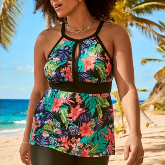 Swimsuits For All Floral Black Tropical Tankini Swimsuit Bathing Top Plus Sz 26 - Picture 2 of 16
